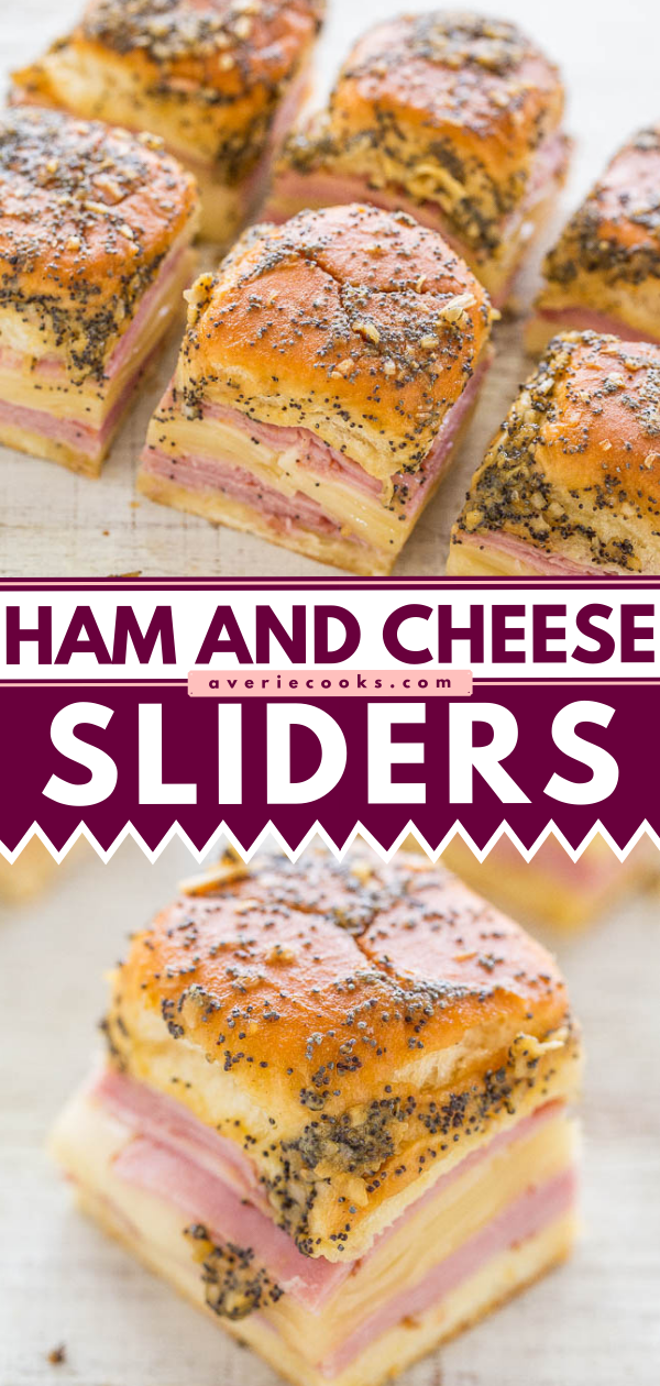 Ham and Cheese Sliders - Baked juicy ham and Swiss nestled in soft Hawaiian rolls and brushed with a buttery Dijon, onion, and poppy seed topping!! Fast, EASY, and a party FAVORITE!!