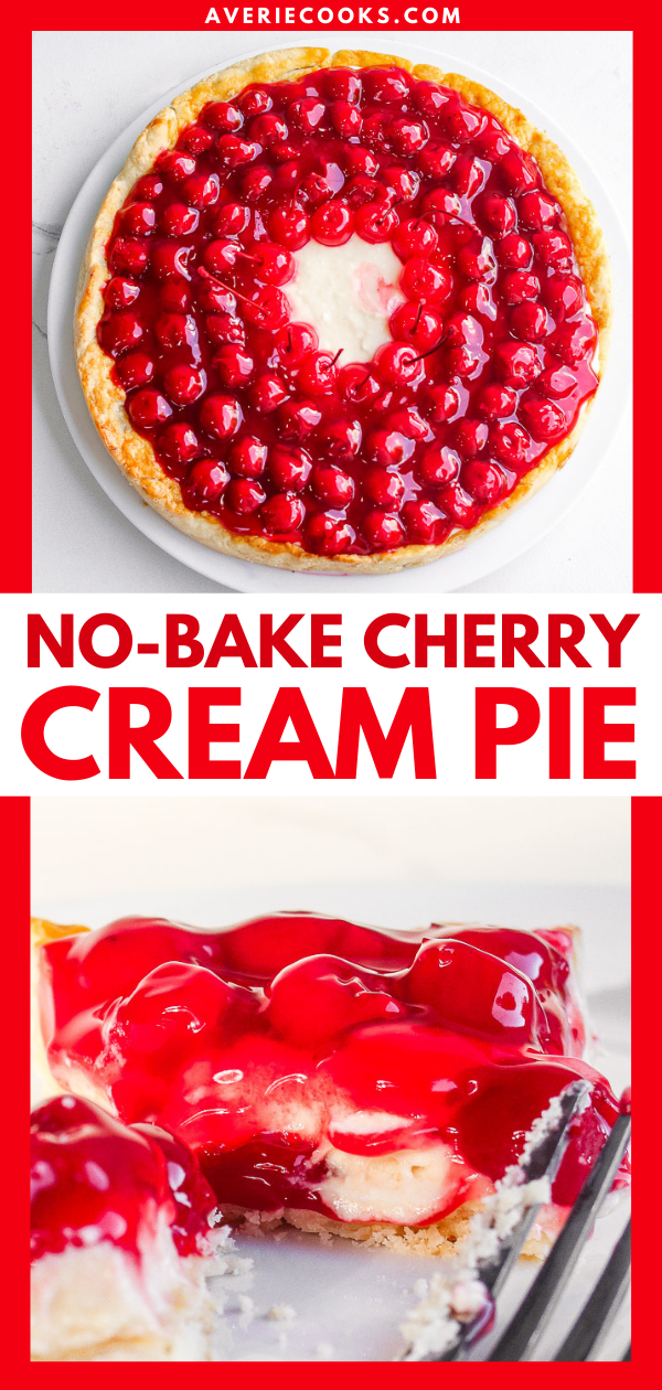 Cherry Cream Pie — An old-fashioned pie with homemade scratch crust topped with NO-BAKE layers of sweetened cream cheese along with juicy cherry pie filling!! If you like cherry pie, you're going to LOVE this amped up version!!