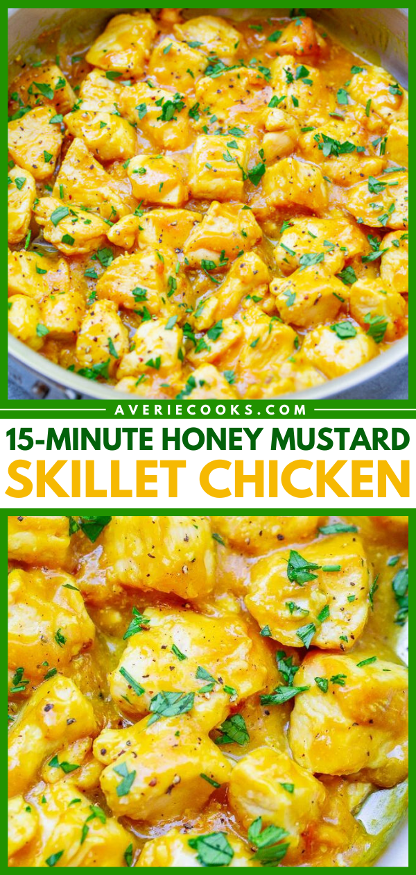15-Minute Honey Mustard Chicken Skillet — If you like dipping your chicken in honey mustard, you're going to LOVE every bite of this chicken that's coated in homemade honey mustard sauce!! Fast, EASY, juicy, tender, and made in one skillet!!