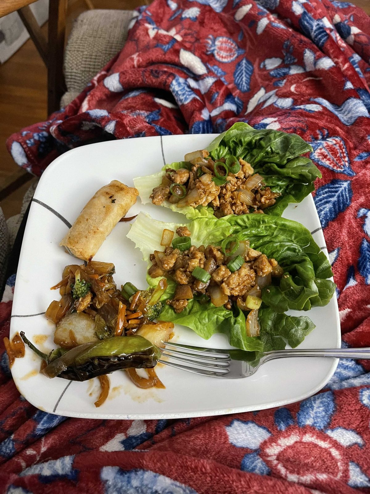 Plate with lettuce wraps containing seasoned meat and vegetables, a spring roll, sautéed vegetables, and a fork, set on a floral-patterned red blanket.