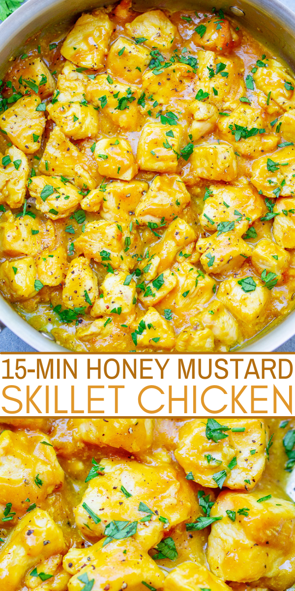 15-Minute Honey Mustard Chicken Skillet — If you like dipping your chicken in honey mustard, you're going to LOVE every bite of this chicken that's coated in homemade honey mustard sauce!! Fast, EASY, juicy, tender, and made in one skillet!!