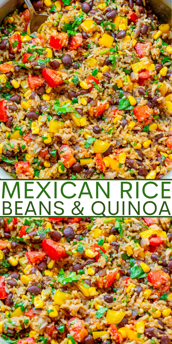 Mexican Rice, Beans, and Quinoa Medley - Hearty enough to be a meal or makes a FANTASTIC side dish with loads of textures in every bite!! A super FLEXIBLE recipe that's HEALTHY and makes a big batch for planned leftovers!!