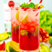 Pomegranate Mojito – Everyone will love this fruity twist on a classic mojito recipe! The tart pomegranates and lime blend beautifully and are paired with simple syrup, mint, and white rum for a refreshing cocktail that’s perfect all year long!