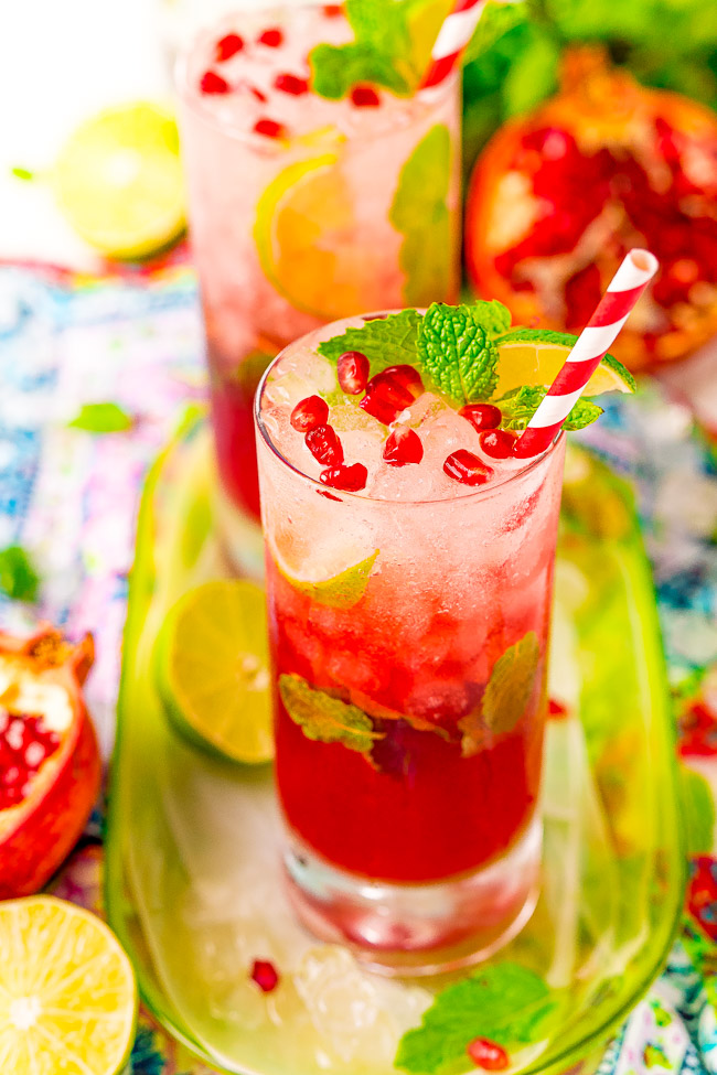Pomegranate Mojito – Everyone will love this fruity twist on a classic mojito recipe! The tart pomegranates and lime blend beautifully and are paired with simple syrup, mint, and white rum for a refreshing cocktail that’s perfect all year long!