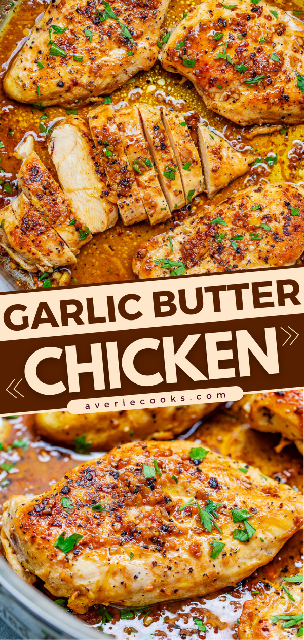 Garlic Butter Chicken — Tender, juicy chicken bathed in a rich garlic butter sauce with a splash of wine for extra flavor!! This EASY stovetop chicken recipe is ready in 15 minutes and will become a family FAVORITE!!