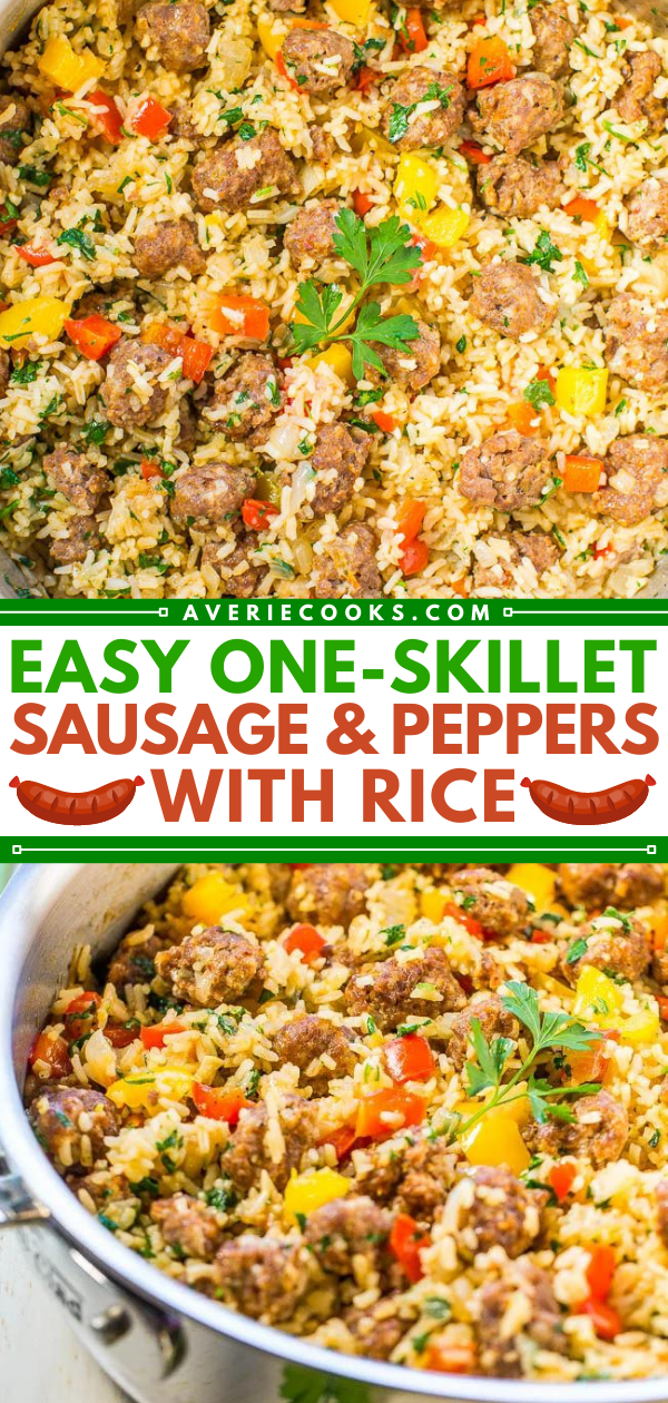 Italian Sausage and Peppers Skillet — This easy one-skillet recipe combines Italian sausage and peppers with sweet Vidalia onions and rice to make a quick dinner that's ready in 30 minutes!