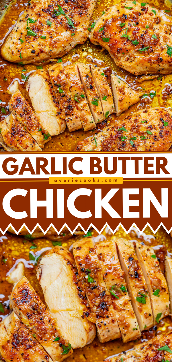 Garlic Butter Chicken — Tender, juicy chicken bathed in a rich garlic butter sauce with a splash of wine for extra flavor!! This EASY stovetop chicken recipe is ready in 15 minutes and will become a family FAVORITE!!