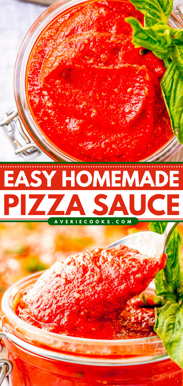 Easy Pizza Sauce — A no-cook, no-blender recipe for homemade pizza sauce that's ready in five minutes!! Simply whisk the ingredients together and get ready to enjoy pizza sauce that's BURSTING with flavor! Once you see how EASY this is, you'll never need the store bought kind again!!