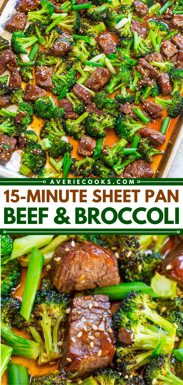 15-Minute Sheet Pan Chinese Beef and Broccoli — EASY, HEALTHIER than going out for Chinese because it's baked, and FASTER than calling for takeout!! So much FLAVOR in this family favorite! It'll go into your regular rotation!!