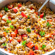 15-Minute Cowboy Beef and Rice Skillet in a pot.