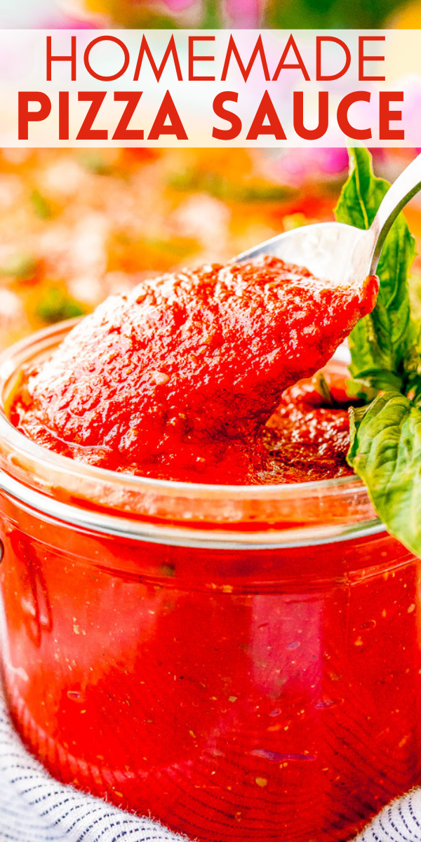 Easy Pizza Sauce Recipe — A no-cook, no-blender recipe for homemade pizza sauce that's ready in five minutes!! Simply whisk the ingredients together and get ready to enjoy pizza sauce that's BURSTING with flavor! Once you see how EASY this is, you'll never need the store bought kind again!!
