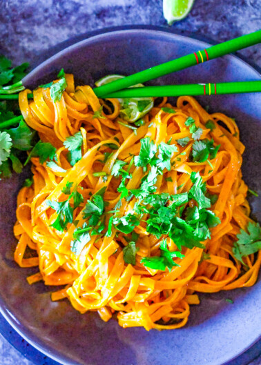 Instant Pot Thai Curry Noodles – Make these EASY Thai-inspired curry noodles in either your Instant Pot OR on the stovetop!! Either way these noodles are COMFORTING, flavorful, and ready in less than 10 MINUTES! Faster than calling for takeout!!