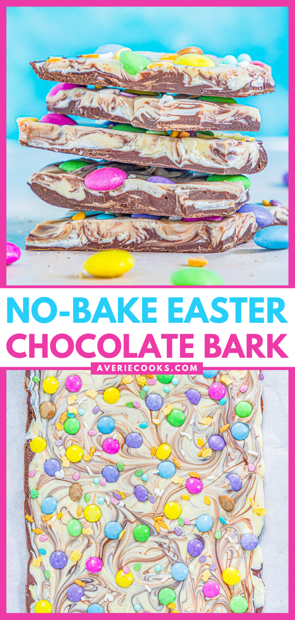 Easter Chocolate Bark - A mixture of milk and white chocolate swirled together and topped with M&Ms and sprinkles!! Such a FAST, EASY, NO-BAKE, and MAKE-AHEAD treat that's perfect for Easter, springtime, or Mother's Day!!