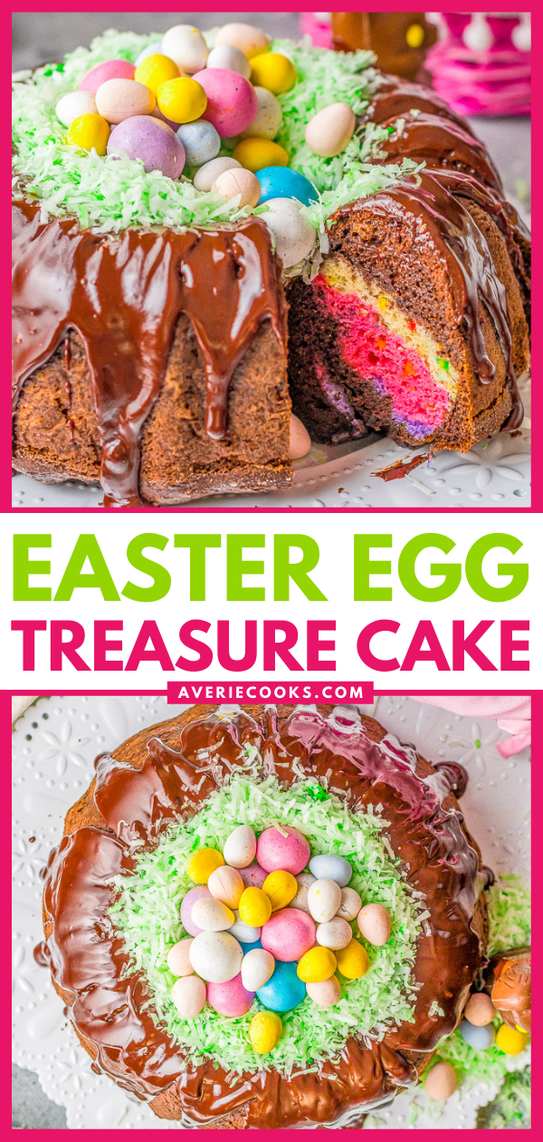 Easter Egg Cake — This FUN cake is made with two different cake mixes. The eggs, chicks, and bunnies from the first cake are cut out and put in the second cake before it's baked. Decorated with coconut grass and candy eggs, this is a FESTIVE Easter dessert with buried TREASURES inside!!  