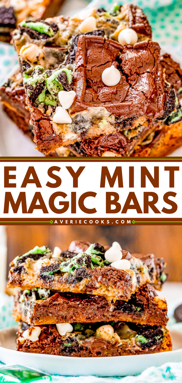 Loaded Mint Chocolate Chip Cookie Bars — These bars are a mint twist on the classic Seven Layer Bars many grew up with! Made with Ghirardelli Mint Chocolates, Andes Mints, and Mint Oreos on a chocolate chip cookie base. White chocolate chips, chocolate chunks, and a layer of sweetened condensed milk that caramelizes as it bakes provide a true Magic Bar experience!