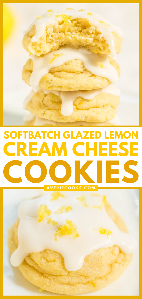 Softbatch Glazed Lemon Cream Cheese Cookies — Big, bold lemon flavor packed into super soft cookies thanks to the cream cheese!! Tangy-sweet perfection! Lemon lovers are going to adore these easy cookies!!
