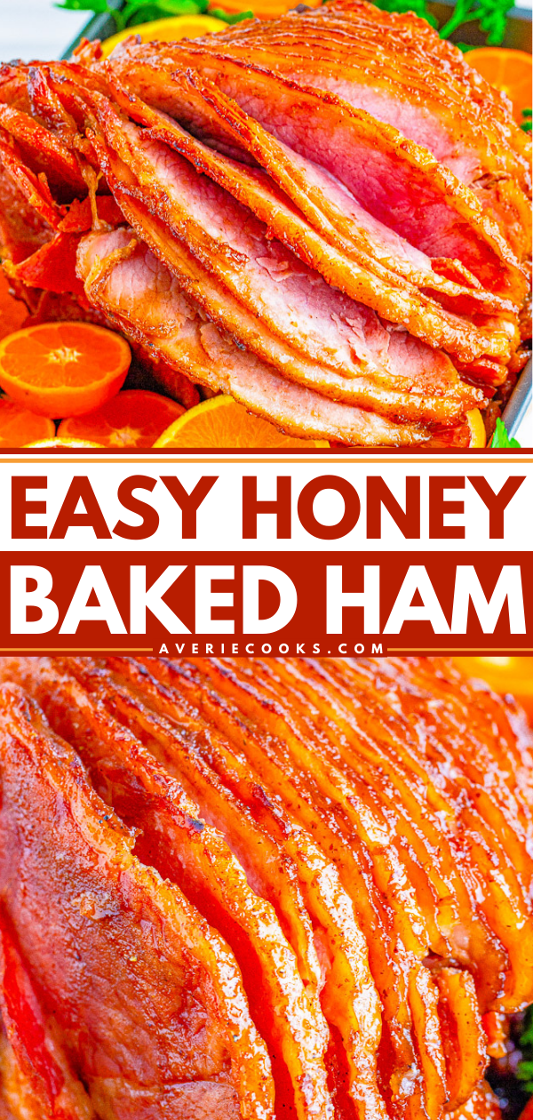 Honey Baked Ham — Spiral baked honey ham that's SO EASY you really can't mess it up! The sweetness from the honey works perfectly with the saltiness of the ham. This ham is similar to the honey baked ham everyone loves to purchase but so much less expensive! Perfect for HOLIDAY MEALS and family dinners!