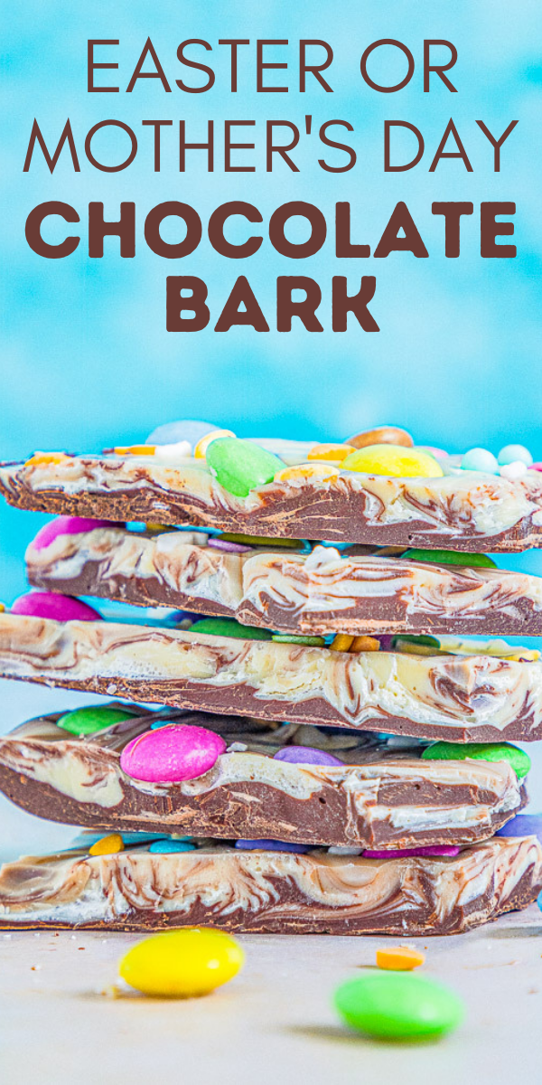 Easter Chocolate Bark - A mixture of milk and white chocolate swirled together and topped with M&Ms and sprinkles!! Such a FAST, EASY, NO-BAKE, and MAKE-AHEAD treat that's perfect for Easter, springtime, or Mother's Day!!