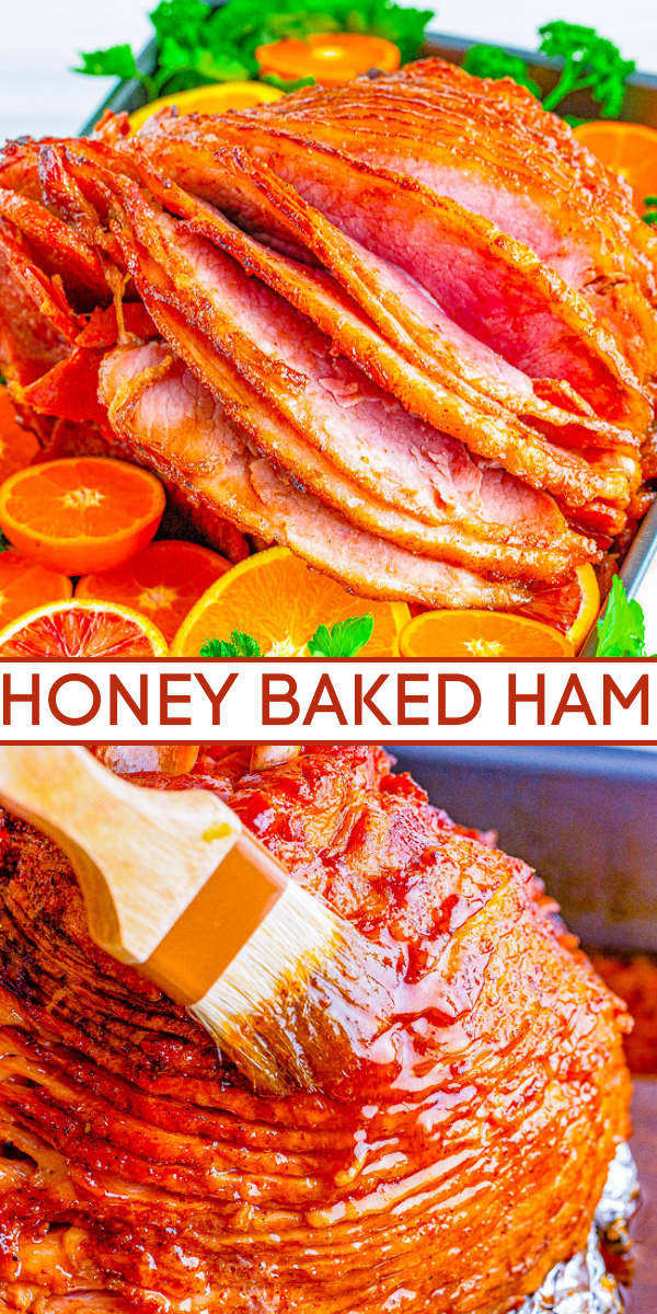 Honey Baked Ham - Spiral baked honey ham that's SO EASY you really can't mess it up! The sweetness from the honey works perfectly with the saltiness of the ham. This ham is similar to the honey baked ham everyone loves to purchase but so much less expensive! Perfect for HOLIDAY MEALS and family dinners!