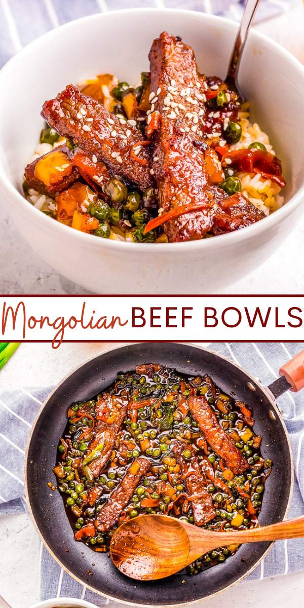 Mongolian Beef Stir-Fry Bowls — These EASY Chinese-inspired Mongolian beef stir-fry bowls are ready in just 10 minutes!! Loaded with rich savory flavor, crisp-tender vegetables, and served over rice! Faster than calling for takeout when you're craving Asian food!!
