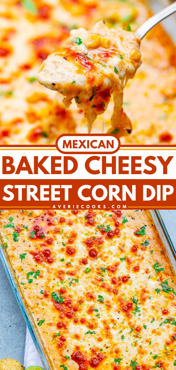 Cheesy Baked Mexican Corn Dip — A hot corn dip reminiscent of Mexican street corn!! Creamy, cheesy, spiked with lime juice, chili powder, and a serrano chile or jalapeno for a touch of heat! SO EASY and ready in 20 minutes!! Perfect for parties, potlucks, tailgating, or your next FIESTA!! 