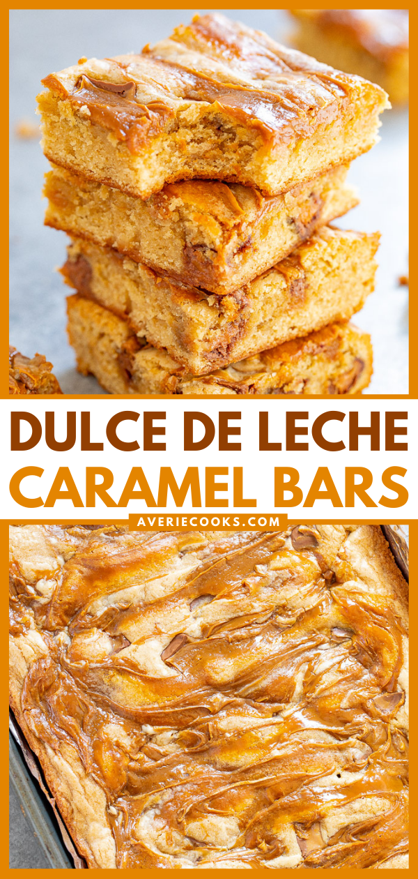 Dulce de Leche Bars — Looking for recipes with dulce de leche? Look no further than these soft, chewy bars loaded with dulce de leche and Rolo caramel candies! EASY to make and a guaranteed FAVORITE! Perfect for your next fiesta!!