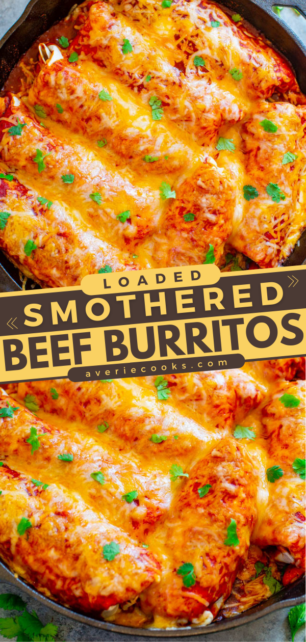 Loaded Smothered Beef Burritos Recipe — Mexican comfort food that's loaded with seasoned ground beef, refried beans, rice, and smothered with sauce and CHEESE!! Tastes BETTER than from a restaurant, plus these burritos are freezer-friendly and so EASY!!