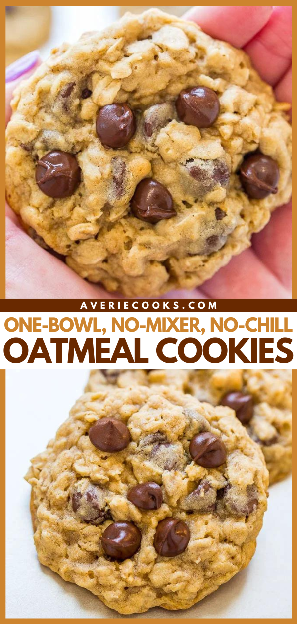 Easy Oatmeal Cookies — An incredibly FAST and EASY recipe that produces perfectly thick cookies with chewy edges and soft centers!! One bowl to wash, no mixer to drag out, and no waiting around!!