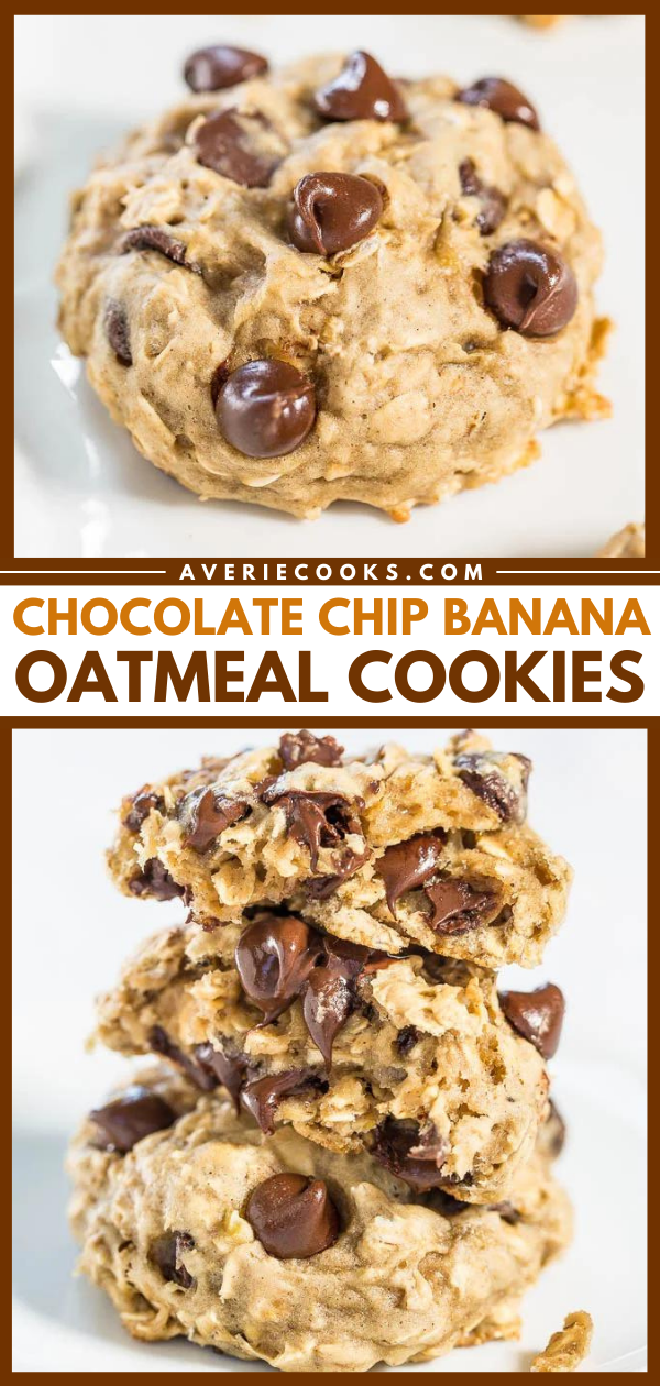 Chocolate Chip Banana Oatmeal Cookies — These cookies are soft, moist, and oh-so chewy. They taste like banana bread and chocolate chip cookies rolled into one dessert! 