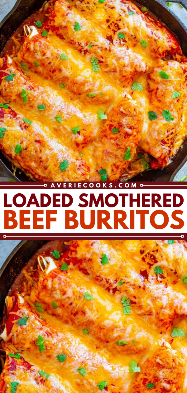 Loaded Smothered Beef Burritos Recipe — Mexican comfort food that's loaded with seasoned ground beef, refried beans, rice, and smothered with sauce and CHEESE!! Tastes BETTER than from a restaurant, plus these burritos are freezer-friendly and so EASY!!