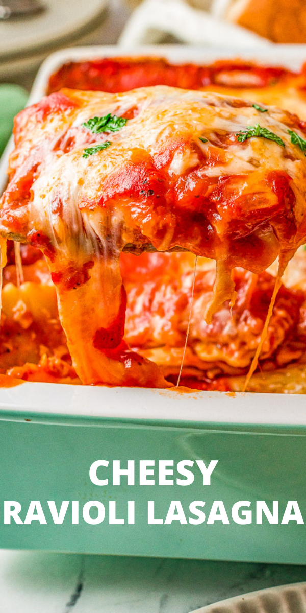 Cheesy Ravioli Lasagna - This EASY lasagna comes together with just four simple ingredients making it perfect for busy weeknights!! The whole family will LOVE this cheesy comfort food lasagna recipe! 