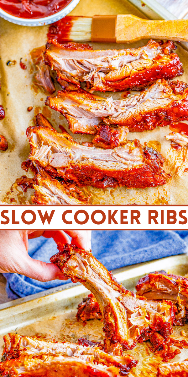 Slow Cooker Ribs - Tender, juicy, fall-off-the-bone baby back pork ribs that are finger-lickin' good! With just 5 minutes of active prep, your slow cooker does all the work in creating ribs that your friends and family will beg you to make over and over! 