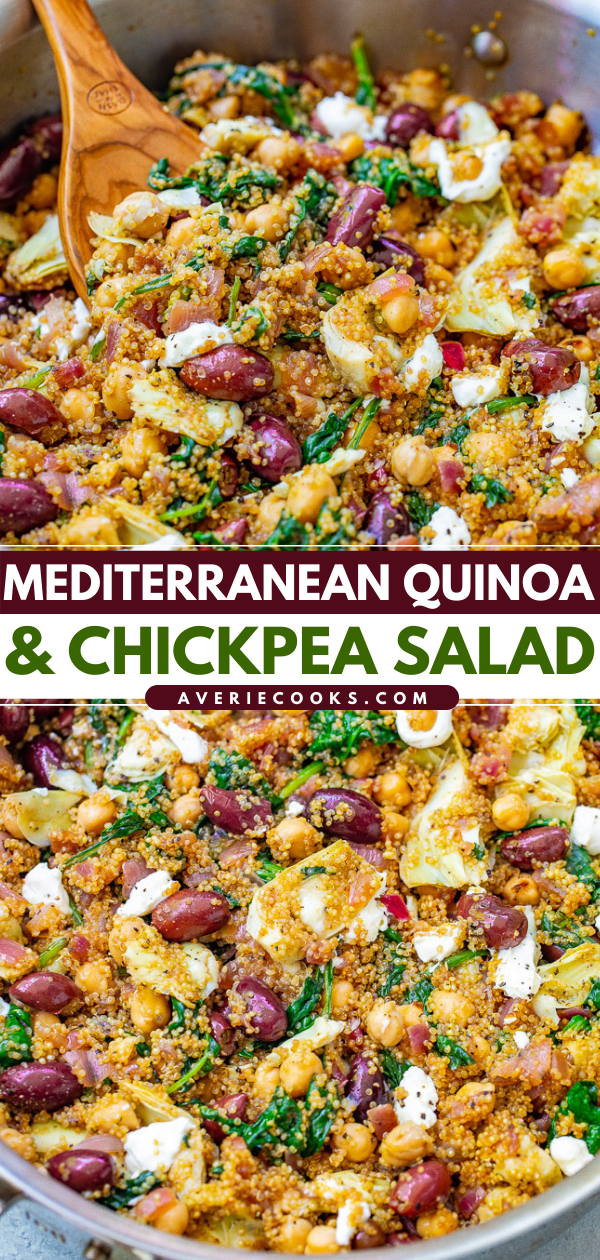 Mediterranean Quinoa Salad — This EASY quinoa salad is ready in 20 minutes with Mediterranean-inspired ingredients including chickpeas, Kalamata olives, artichokes, and goat cheese to give layers of flavor and texture in every bite! Naturally gluten-free and vegetarian!