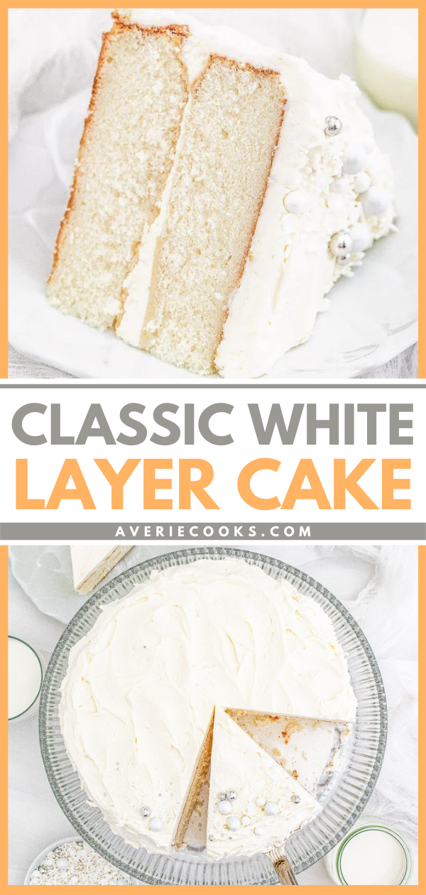 Classic White Layer Cake — A classic, white, two-layer cake recipe! The cake has a light texture that's complemented by super light and fluffy buttercream that's not too sweet. Learn how to make THE BEST white cake that's fancy enough to serve at your most special celebrations and events!