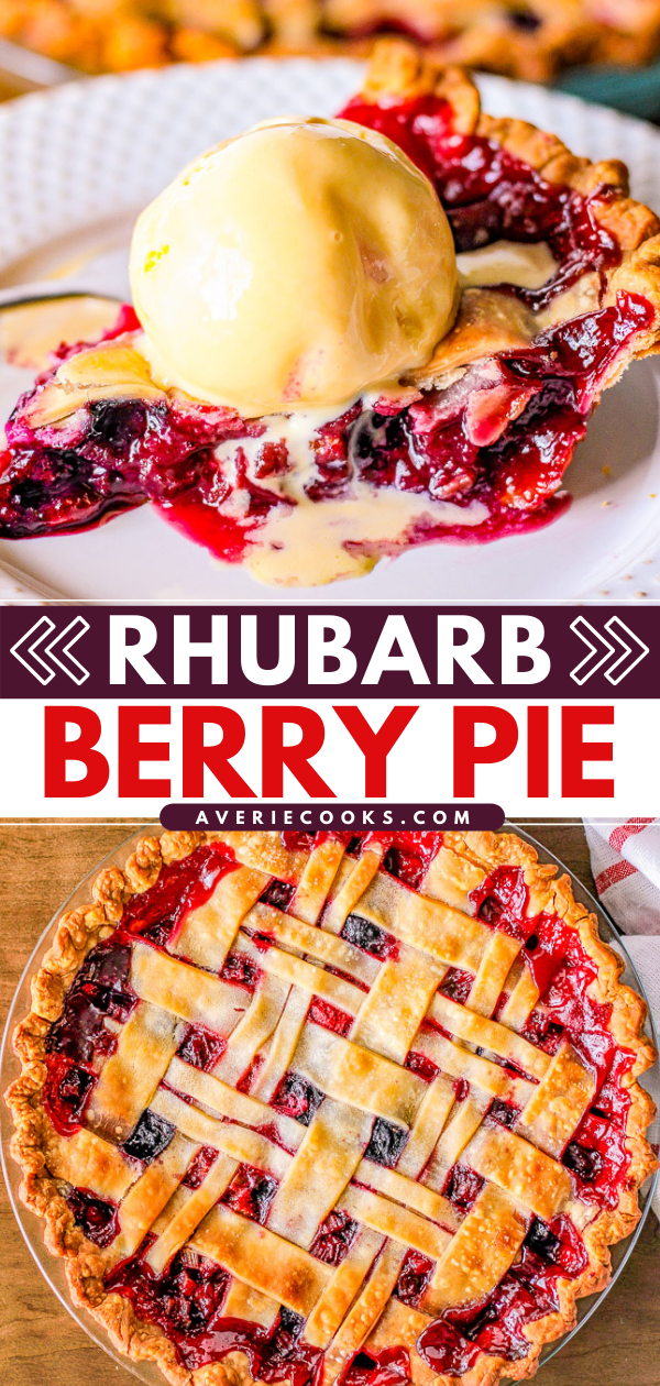 Rhubarb Berry Pie - A classic, EASY, fruit pie made with rhubarb, strawberries, and blueberries! Sweet yet a bit tart, very juicy, and a PERFECT spring or summer dessert! Use a store bought pie crust to save time!