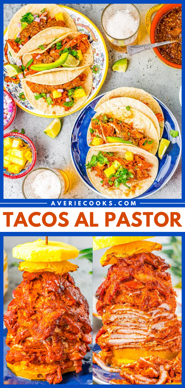 Tacos Al Pastor — Learn to make this staple Mexican recipe that includes thinly sliced pieces of pork marinated in a tangy, sweet pineapple sauce AT HOME! Juicy, flavorful, tender pork served in tortillas with onions, cilantro, lime juice, and salsa! You'll want every night to be taco night! 