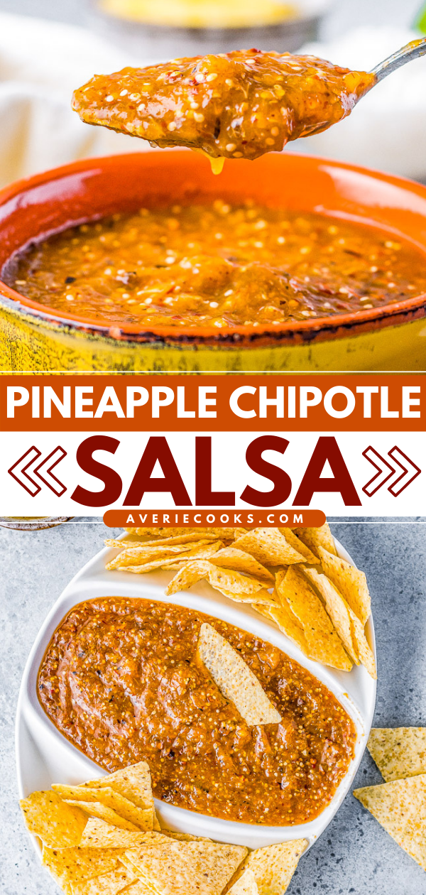 Homemade pineapple chipotle salsa served with tortilla chips.