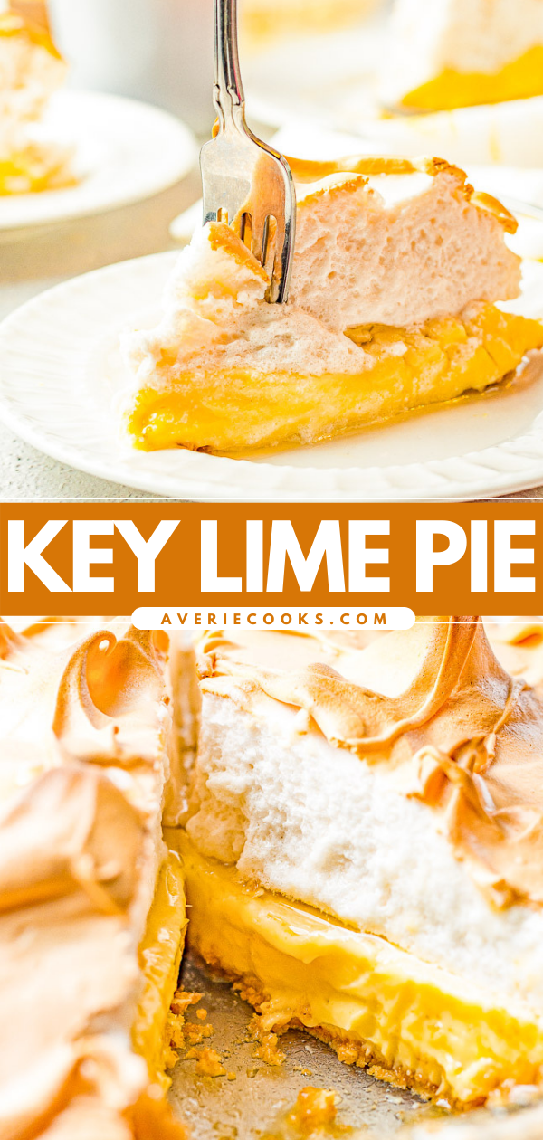 Key Lime Pie - This sweet and tart pie is a family FAVORITE!  The recipe has been handed down from my grandma who made this pie for 40 years! An EASY graham cracker crust is filled with a creamy lime filling and topped with a fluffy meringue! Not too tart, not too sweet, just PERFECT!