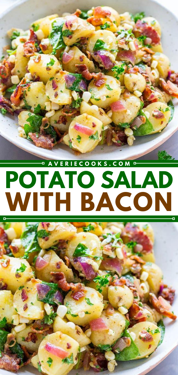 This no mayo Potato Salad with Bacon is ready in just 30 minutes! It's a vinegar potato salad the whole family will love.