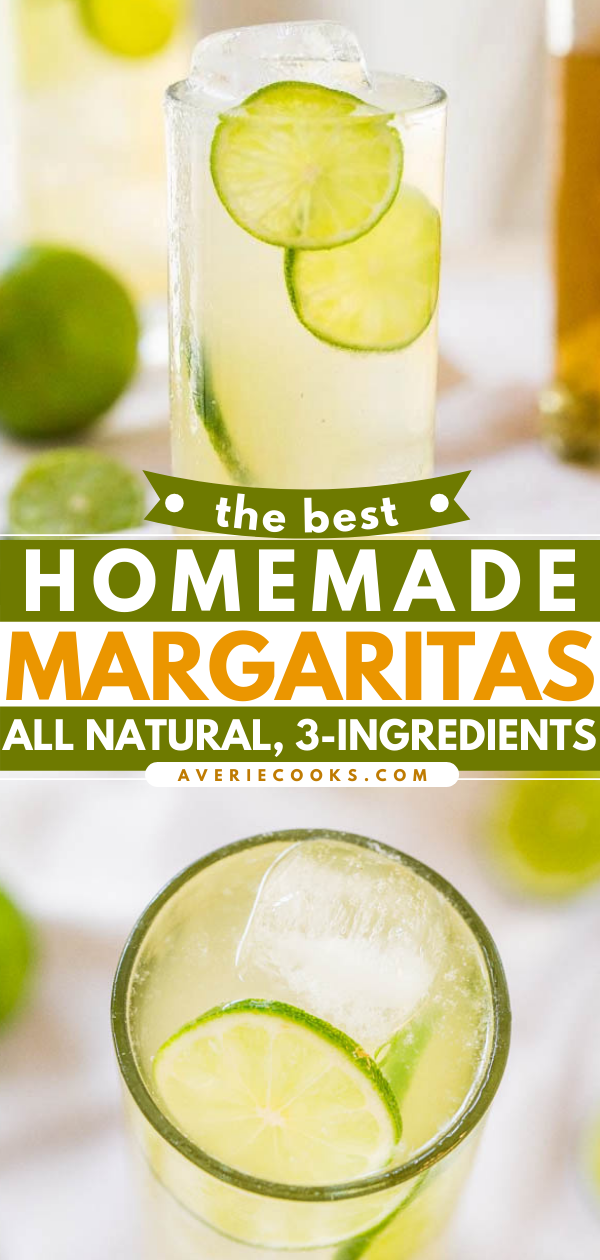 Homemade Margaritas — How to make a margarita with just three natural ingredients! Nothing fake, neon green, and no sugary chemicals. This is the best homemade margarita recipe I’ve tried and it’s the easiest!!
