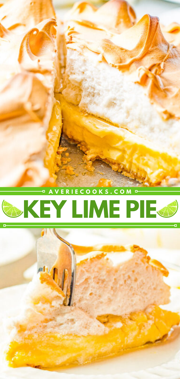 Key Lime Pie — This sweet and tart pie is a family FAVORITE!  This key lime pie recipe with meringue has been handed down from my grandma who made this pie for 40 years! An EASY graham cracker crust is filled with a creamy lime filling and topped with a fluffy meringue! Not too tart, not too sweet, just PERFECT!
