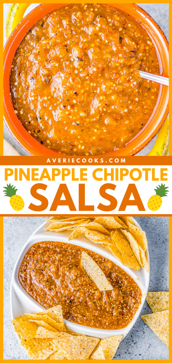 Sweet and Spicy Chipotle Salsa — A sweet and spicy salsa with a lovely smokiness from pineapple, tomatillo, onion, and garlic that are blistered under broiler and then blended with chipotle peppers! PERFECT over tacos, with chips, or as a great addition to any Mexican-inspired meal! 