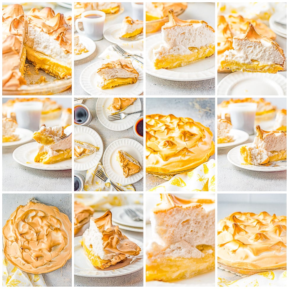 A collage of various images showcasing a lemon meringue pie in different stages of serving, featuring close-ups of slices and the whole pie.