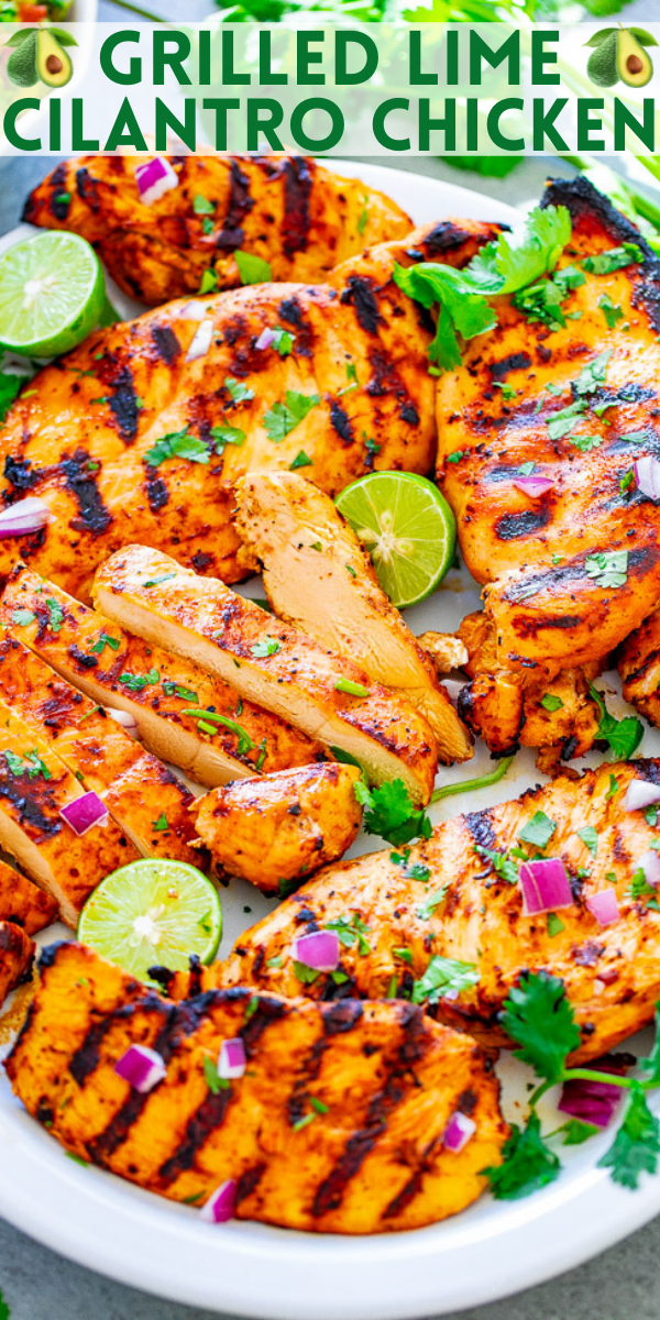 Grilled Lime Cilantro Chicken with Guacamole – EASY, ready minutes, and the chicken is tender, juicy, and full of Mexican-inspired flavors!! Chunky guacamole pairs PERFECTLY with this grilled chicken! A family favorite recipe everyone loves!!