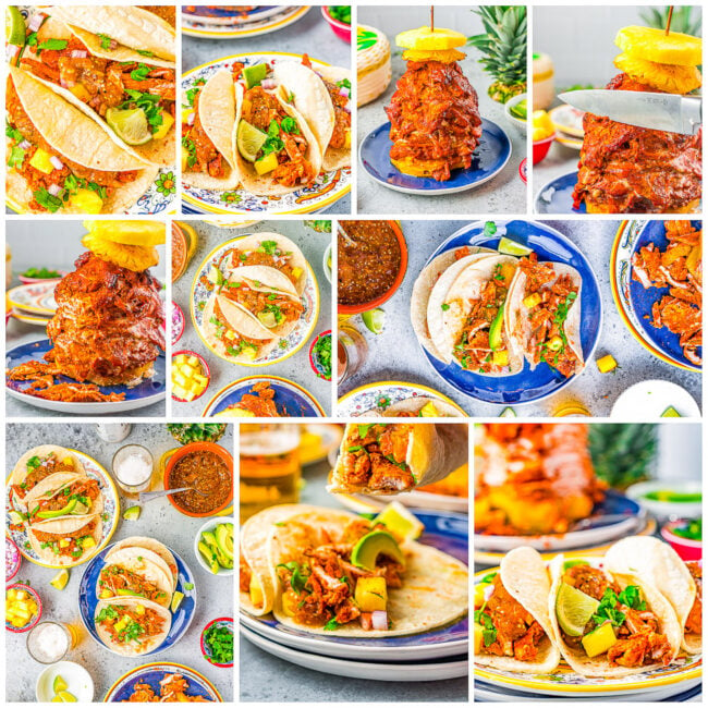 A photo collage of al pastor pork tacos 
