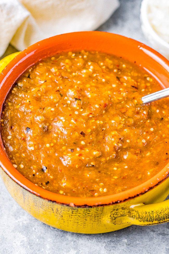 Pineapple Chipotle Salsa - A sweet and spicy salsa with a lovely smokiness from pineapple, tomatillo, onion, and garlic that are blistered under broiler and then blended with chipotle peppers! PERFECT over tacos, with chips, or as a great addition to any Mexican-inspired meal! 
