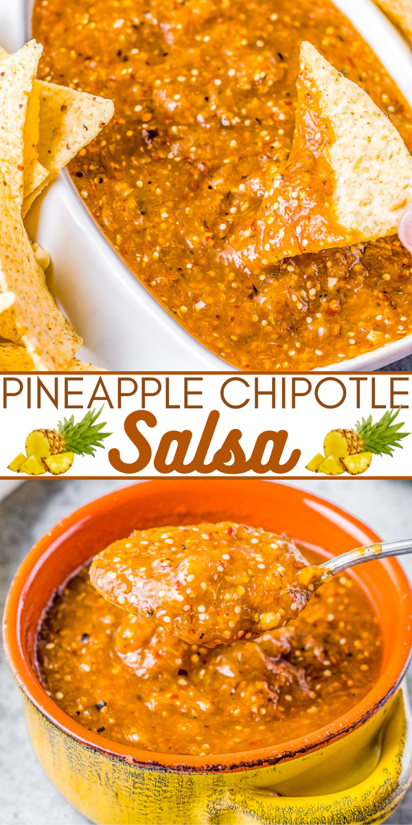 Pineapple Chipotle Salsa – A sweet and spicy salsa with a lovely smokiness from pineapple, tomatillo, onion, and garlic that are blistered under broiler and then blended with chipotle peppers! PERFECT over tacos, with chips, or as a great addition to any Mexican-inspired meal!