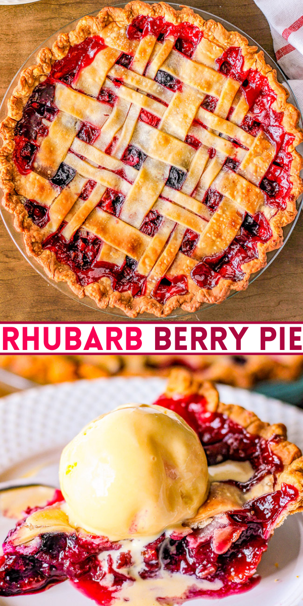 Rhubarb Berry Pie – A classic, EASY, fruit pie made with rhubarb, strawberries, and blueberries! Sweet yet a bit tart, very juicy, and a PERFECT spring or summer dessert! Use a store bought pie crust to save time!