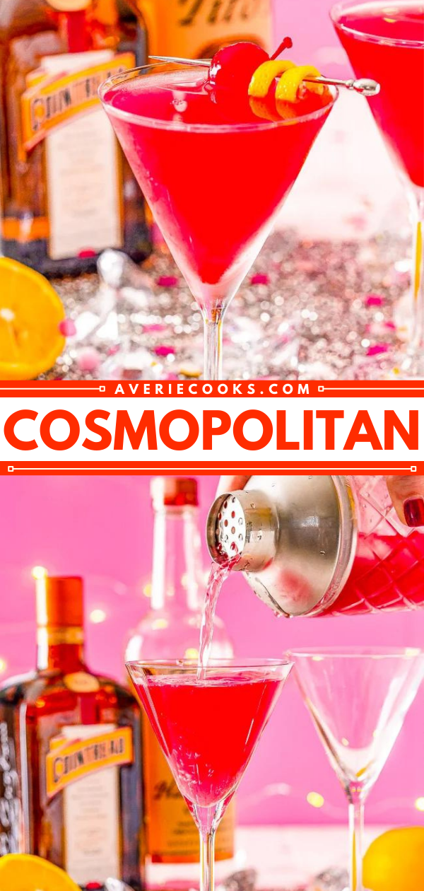Cosmopolitan Cocktail — This classic Cosmopolitan recipe is made with vodka, orange liqueur, lemon juice, and cranberry juice. It’s flirty and flavorful yet refined and simple. Tart cranberry juice blends with fresh lemon juice to smooth out the vodka and enhance the triple sec for a balance and refreshing cocktail perfect for sipping!
