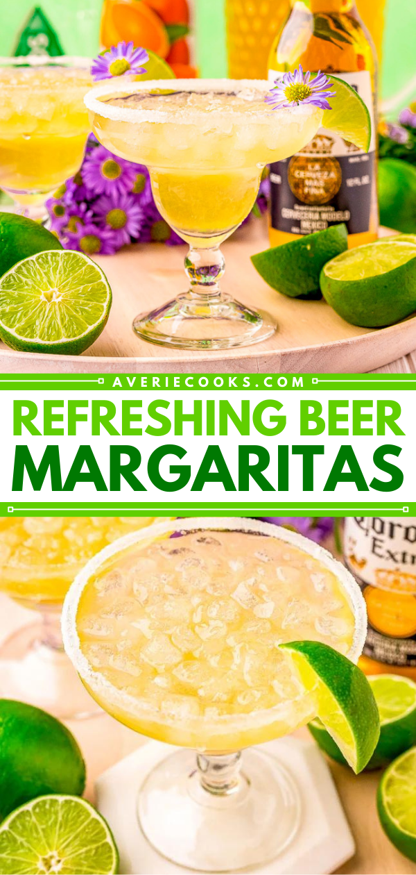 Beer Margaritas — Summer tastes better with a pitcher of these delightful and refreshing beer margaritas are made with Corona, tequila, triple sec, lime juice, agave, and a sugared (or salted) rim! Cheers to beer-garitas!